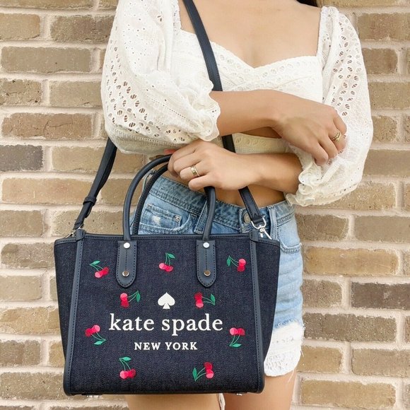 Kate Spade Embroidered Tote Crossbody Denim Blue Multi - Picture 3 of 4